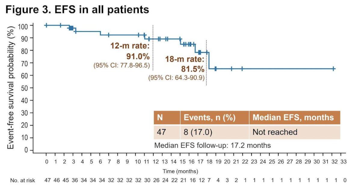 At 12 and 18 months, the event-free survival rate was 91.0% (77.8-96.5) and 81.5% (64.3-90.9), respectively, in all patients:&nbsp;