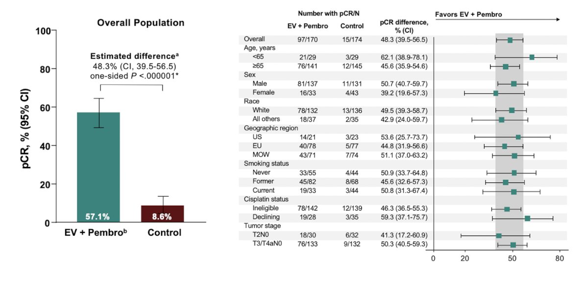 The previously reported pathological complete response rate for all patients in the enfortumab vedotin + pembrolizumab versus control arms was 57.1% versus 8.6%, respectively, with an estimated difference of 48.3% (95% CI 39.5–56.5; p < 0.001):