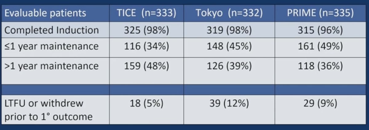 Overall, 96-98% of patients completed induction therapy. Maintenance therapy for >1 year was completed by 36-48% of patients, and ≤1 year maintenance by 34-49%.