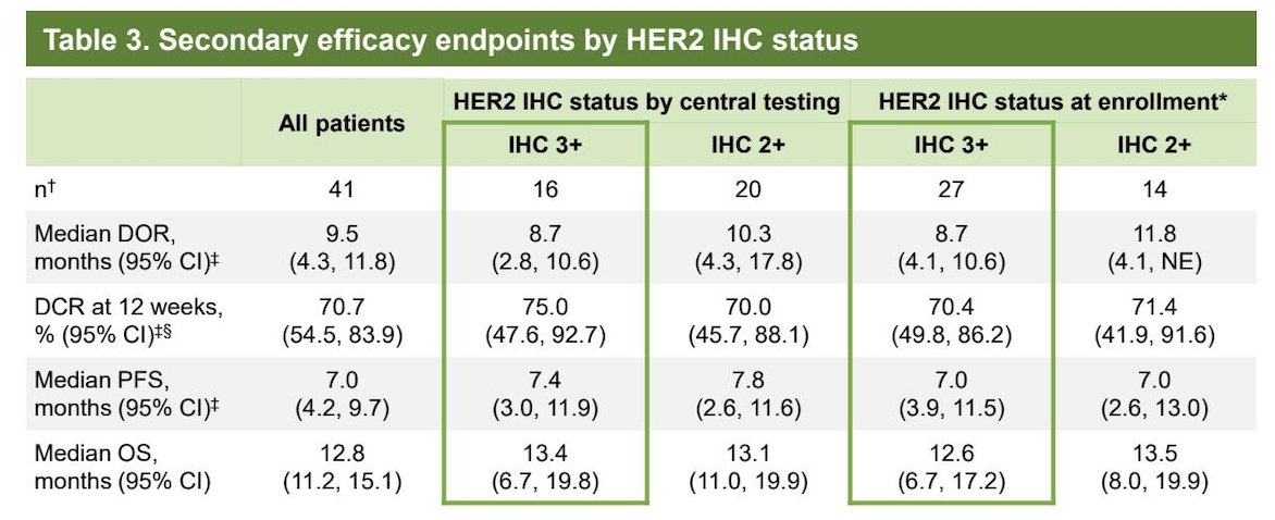 Median duration of response was 9.5 months in the overall cohort, with similar durability across IHC subgroups. Median progression-free survival was 7.0 months overall, and median overall survival was 12.8 months. Outcomes were generally consistent whether HER2 status was determined locally or centrally.