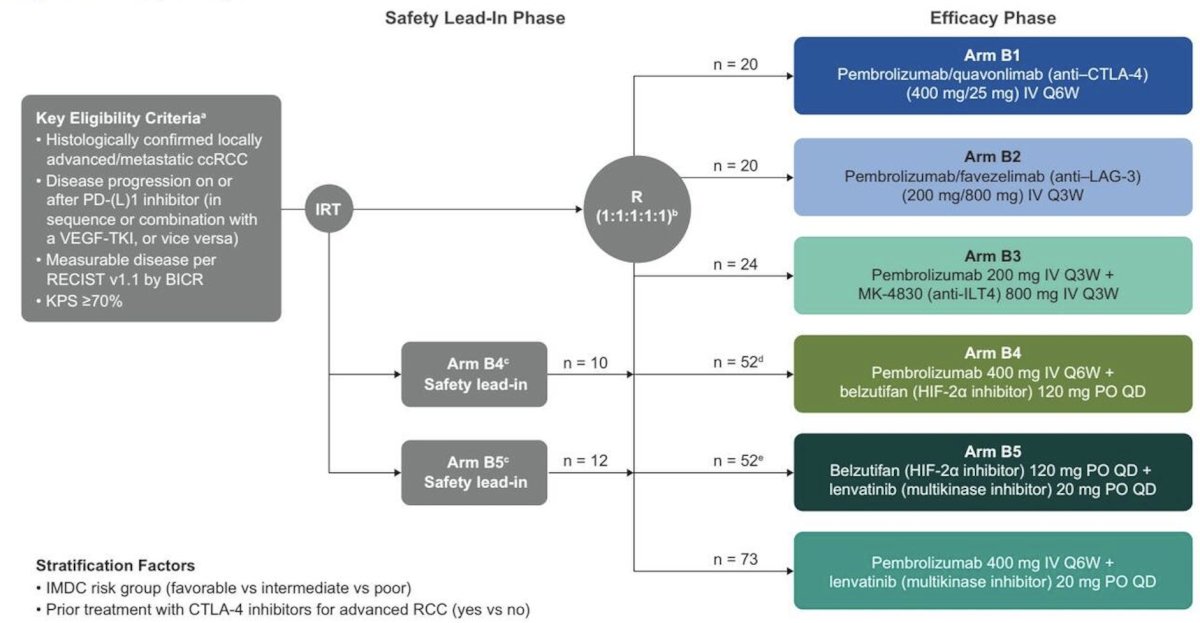 Adults with confirmed clear cell RCC and disease progression on or after PD-(L)1 inhibitor and VEGF-TKI were randomly assigned to open arms: pembrolizumab + quavonlimab (anti–CTLA-4), pembrolizumab + favezelimab (anti-LAG3), pembrolizumab + MK-4830 (anti-ILT4), pembrolizumab + belzutifan (HIF-2α inhibitor), belzutifan + lenvatinib (VEGF-TKI), and pembrolizumab + lenvatinib: