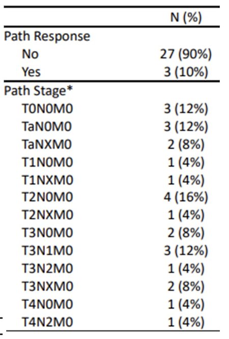 Three patients achieved a pathologic complete response, corresponding to a pCR rate of 10% (90% CI 3.0–25.2%). In addition, 10 patients (33%) were downstaged to less than ypT2N0/x. These results met the predefined threshold for success in this study design.
