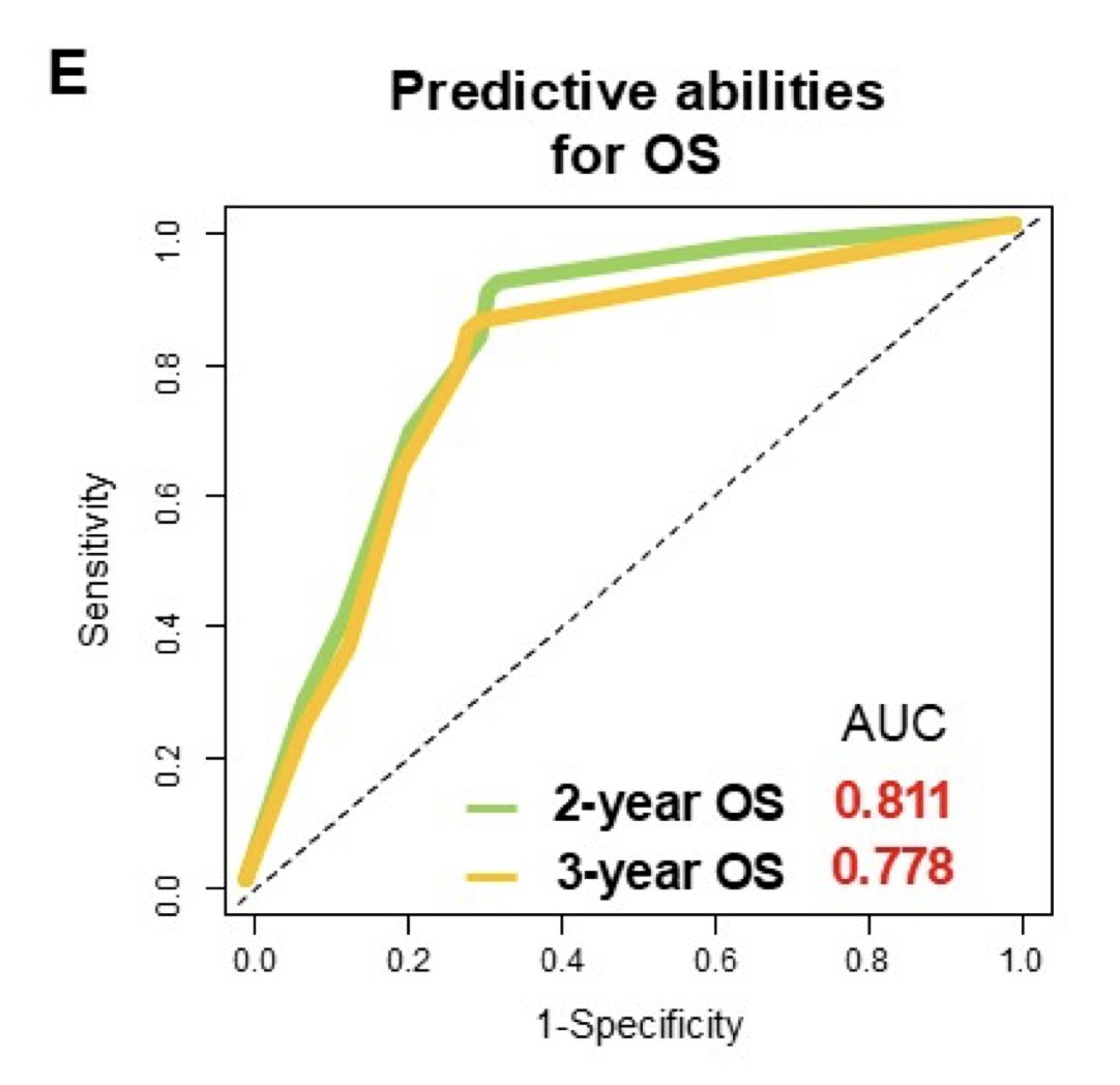 The area under the receiver operating characteristic curve for predicting 2-year and 3-year overall survival was 0.811 (95% CI 0.781–0.841) and 0.778 (95% CI: 0.745–0.811), respectively: