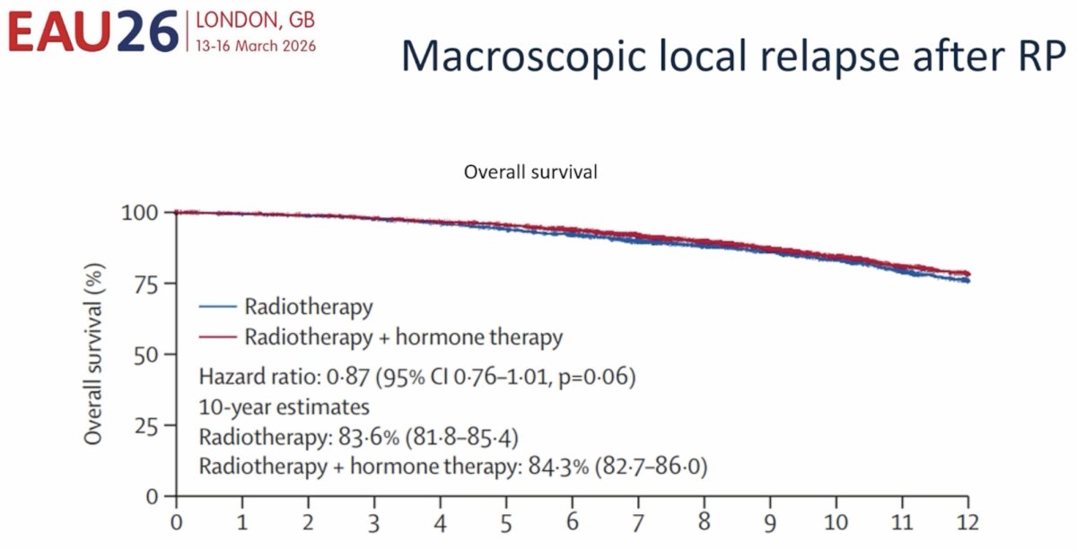In the overall population, the addition of hormone therapy to radiotherapy produced at most a modest overall survival benefit, which did not meet conventional statistical significance. The hazard ratio for overall survival was 0.87 (95% CI: 0.76–1.01; p=0.06). Ten-year overall survival estimates were 83.6% (95% CI: 81.8–85.4) with radiotherapy alone and 84.3% (95% CI: 82.7–86.0) with radiotherapy plus hormone therapy.