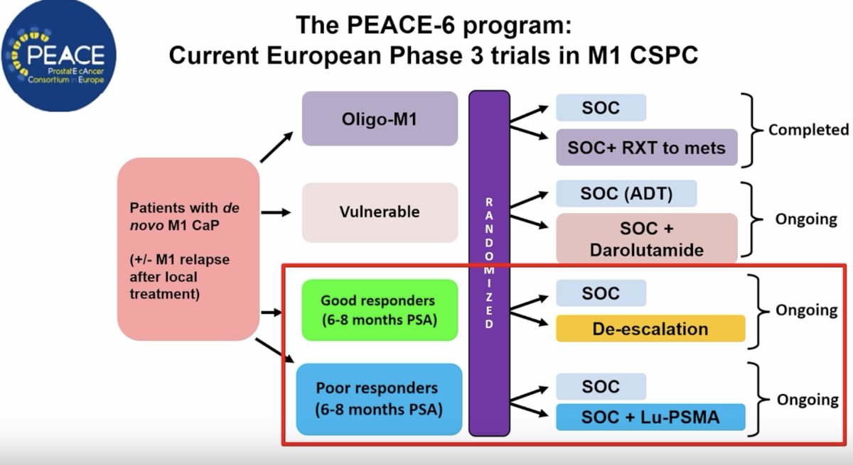 These concepts are currently being explored within the PEACE-6 program, which is evaluating response-adapted intensification strategies in mHSPC. Patients demonstrating poor PSA responses at 6–8 months are randomized to additional treatment intensification such as Lu-PSMA therapy, whereas those with excellent responses may undergo treatment de-escalation strategies.