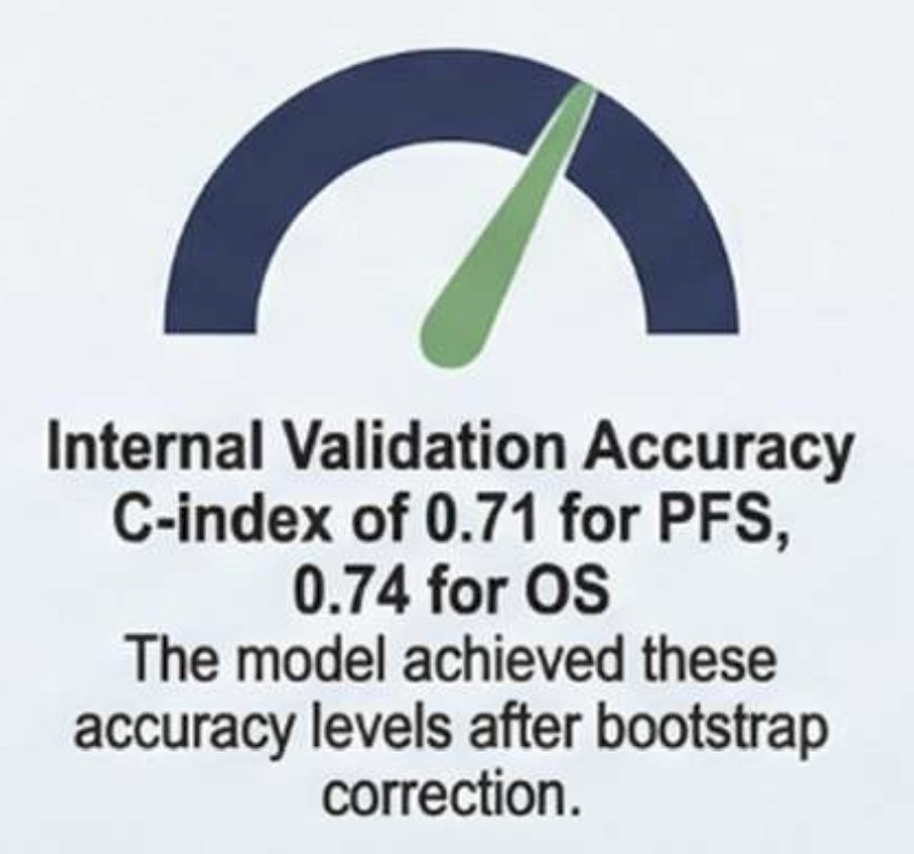 After bootstrap correction for internal validation, the progression-free survival and overall survival models showed a C-index of 0.71 (95% CI, 0.66–0.77) and 0.74 (95% CI, 0.68–0.80), respectively: