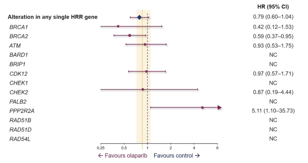 Taken together, patients with tumors harboring a BRCA1 or BRCA2 alteration derive the greatest overall survival benefit from a PARP inhibitor, which is highlighted in the PROfound exploratory gene-level analysis for olaparib and overall survival: