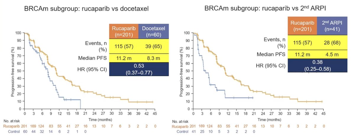 TRITON3 was a randomized phase 3 trial of mCRPC patients with a BRCA1, BRCA2, or ATM alteration who experienced disease progression following treatment with a second-generation androgen receptor pathway inhibitor. Patients underwent 2:1 randomization to receive oral rucaparib (600 mg twice daily) or a physician’s choice control (docetaxel or a second-generation androgen receptor pathway inhibitor [abiraterone acetate or enzalutamide]). The primary outcome was the median progression-free survival according to an independent review. In the BRCA mutation subgroup assessing rucaparib versus docetaxel, there was a progression-free survival benefit for rucaparib (HR 0.53, 95% CI 0.37-0.77), which was also seen when assessing rucaparib versus a second androgen receptor pathway inhibitor (HR 0.38, 95% CI 0.25-0.58):