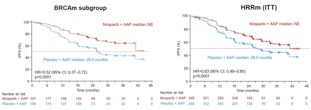 The AMPLITUDE trial evaluated combining niraparib with abiraterone acetate + prednisone versus placebo and abiraterone acetate + prednisone in mHSPC with HRR gene alterations. The primary endpoint was met, with a significant improvement in radiographic progression-free survival observed in the BRCA subgroup: median not reached for niraparib and abiraterone acetate + prednisone group versus 26 months for the abiraterone acetate + prednisone group (HR 0.52, 95% CI 0.37-0.72; p < 0.0001). This was also noted in the intention to treat population (HR 0.63, 95% CI 0.49-0.80; p = 0.0001):&nbsp;