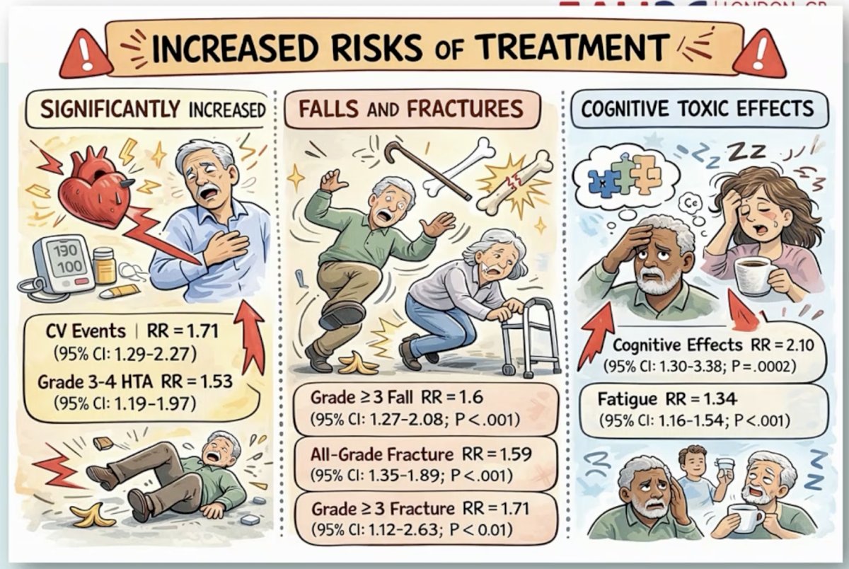 The toxicities associated with ARPIs were then reviewed in more detail. Dr. Tombal presented a summary highlighting increased risks across three major domains: cardiovascular toxicity, falls/fractures, and cognitive toxicity. Cardiovascular events were significantly increased, with a relative risk of 1.71 (95% CI: 1.29–2.27), and grade 3–4 hypertension also increased, with a relative risk of 1.53 (95% CI: 1.19–1.97). Skeletal and fall-related toxicity was also notable: grade ≥3 falls had a relative risk of 1.60 (95% CI: 1.27–2.08; p<0.001), all-grade fractures a relative risk of 1.59 (95% CI: 1.35–1.89; p<0.001), and grade ≥3 fractures a relative risk of 1.71 (95% CI: 1.12–2.63; p<0.01). Cognitive effects were particularly concerning, with cognitive toxicity showing a relative risk of 2.10 (95% CI: 1.30–3.38; p=0.0002), and fatigue also increased, with a relative risk of 1.34 (95% CI: 1.16–1.54; p<0.001). These data formed the basis of his later practical recommendations.