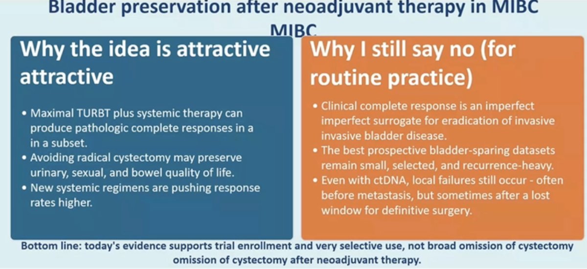 She began by acknowledging why the concept is attractive. Maximal TURBT combined with systemic therapy can produce pCR in a subset of patients. Avoiding radical cystectomy may preserve urinary, sexual, and bowel function, and the emergence of more effective systemic regimens has increased interest in response-adapted strategies. However, Dr. Schmidt emphasized that cCR is an imperfect surrogate for the eradication of invasive disease. Prospective bladder-sparing datasets remain small and highly selected, and even when ctDNA is incorporated, local failures remain common. Importantly, these failures can occur before metastasis but sometimes after the optimal window for definitive cystectomy has passed. As a result, current evidence supports enrollment in clinical trials and highly selective use rather than routine omission of cystectomy following neoadjuvant therapy.