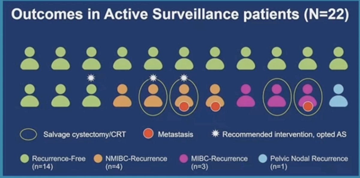 Among 22 patients managed with active surveillance in these trials, outcomes demonstrated the complexity of this strategy. Fourteen patients remained recurrence-free, but recurrences included four NMIBC recurrences, three MIBC recurrences, and one pelvic nodal recurrence. Several patients required salvage cystectomy or chemoradiation, underscoring the dependence of this approach on timely detection and successful salvage therapy.&nbsp;
