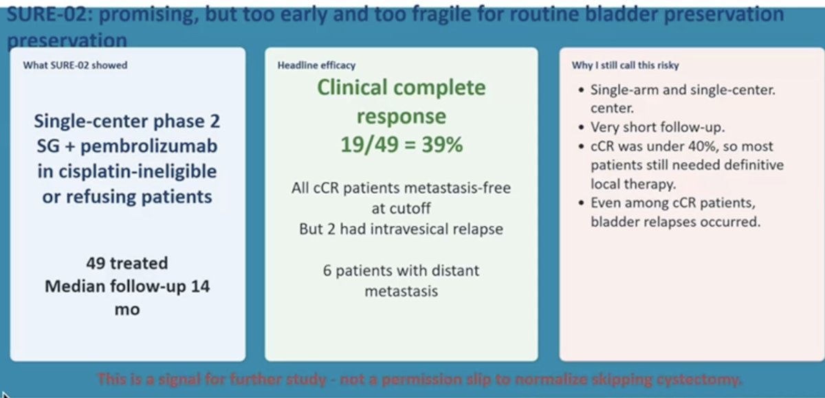 She then discussed the SURE-02 trial, a single-center phase II study evaluating sacituzumab govitecan combined with pembrolizumab in cisplatin-ineligible or cisplatin-refusing patients.8 Among 49 treated patients with a median follow-up of 14 months, the clinical complete response rate was 39% (19/49). While all cCR patients were metastasis-free at data cutoff, two developed intravesical relapse and six patients developed distant metastases. Dr. Schmidt cautioned that these results are promising but fragile: the study was single-arm, conducted at a single center, and follow-up remains short. Moreover, even among patients achieving cCR, bladder relapses still occurred.&nbsp;