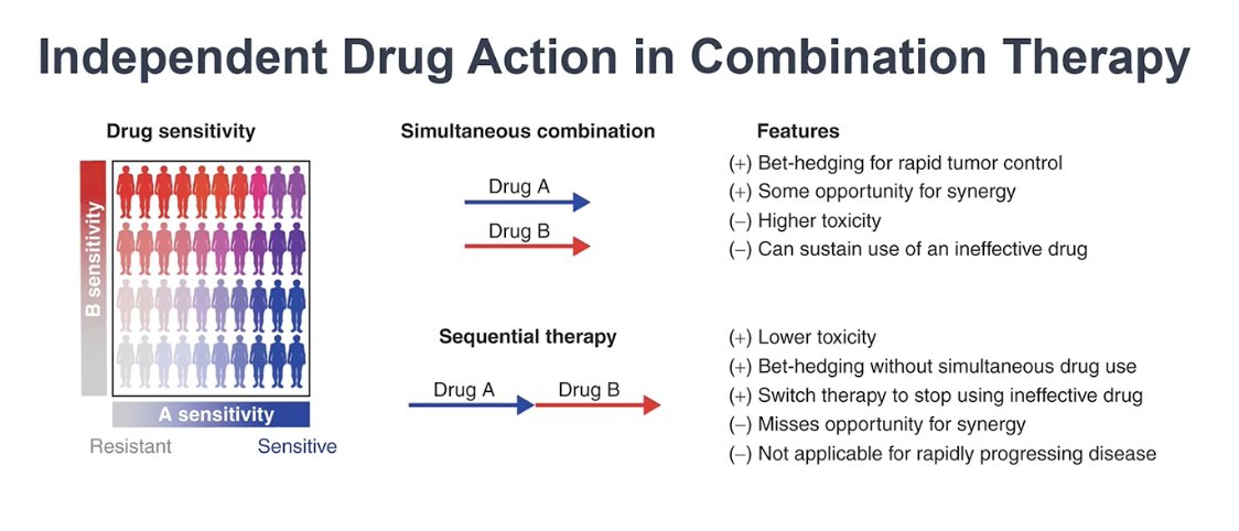 He explained that the concept of independent drug action helps illustrate why combination therapy can be beneficial. Using two drugs simultaneously allows for “bet-hedging,” increasing the likelihood that at least one active agent will control the tumor, which can be particularly important when rapid tumor control is needed. In contrast, for patients with more indolent or slowly growing disease, a similar strategy can often be achieved through sequential therapy, allowing clinicians to switch treatments if one proves ineffective while potentially minimizing toxicity.