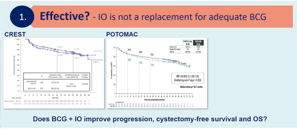 First, she challenged the assumption that adding checkpoint inhibition clearly improves meaningful outcomes. Her central point was that immune checkpoint inhibitors are not a replacement for adequate BCG therapy. She presented Kaplan–Meier curves from the CREST and POTOMAC trials demonstrating improvements in recurrence-related endpoints. However, she emphasized that these benefits largely relate to recurrence-based endpoints rather than hard oncologic outcomes such as progression, cystectomy-free survival, metastasis-free survival, or overall survival. A meta-analysis including 1,899 patients across available trials showed a hazard ratio of 0.77 (95% CI 0.60–0.97) for recurrence-related time-to-event endpoints, corresponding to a number needed to treat of approximately 25 patients at two years to prevent one recurrence event. While statistically significant, she argued that this magnitude of benefit may be modest when weighed against the broader implications of systemic immunotherapy.