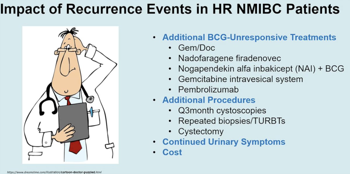 From there, Dr. Shore shifted the discussion from hazard ratios to clinical consequences. One of his more practical slides focused on what recurrence actually means for a patient with high-risk NMIBC. He reminded the audience that recurrence is not a trivial bookkeeping event; rather, it often initiates an entirely new and more burdensome therapeutic pathway. The slide below summarizes the familiar downstream consequences of recurrent or newly BCG-unresponsive disease: additional salvage therapies such as gemcitabine/docetaxel, nadofaragene firadenovec; more frequent cystoscopies; repeated biopsies and TURBTs; ongoing urinary symptoms; greater cost; and, not infrequently, eventual cystectomy. In other words, his argument was that preventing the first high-risk recurrence has value beyond the primary endpoint because it may prevent the entire cascade of subsequent procedures, treatments, symptoms, and anxiety that follows.