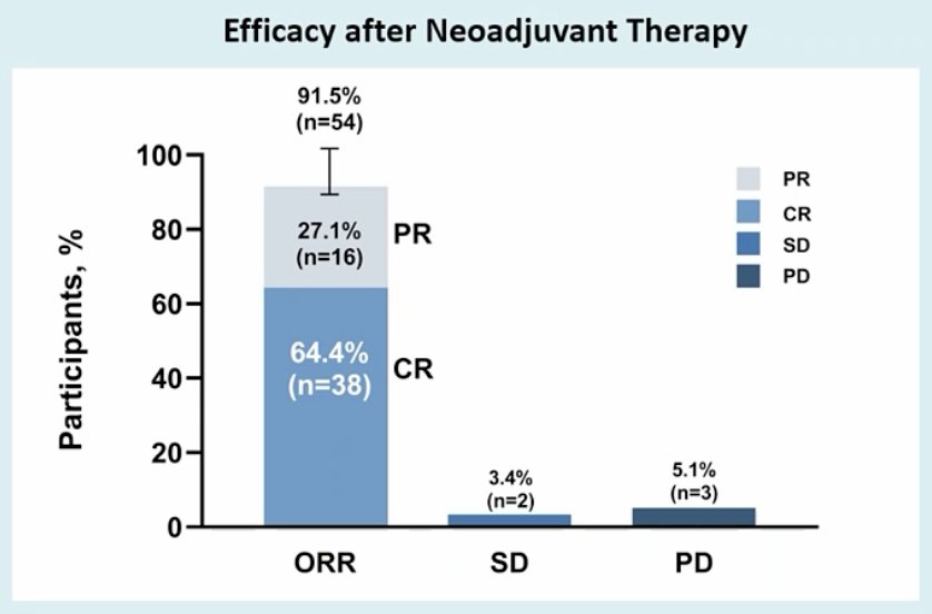 Overall, 38 (64.4%) patients achieved clinical complete response, 16 (27.1%) had partial response, and 2 (3.4%) had stable disease, resulting in an overall response rate of 91.5% and a disease control rate of 94.9% (3 patients experienced progression):