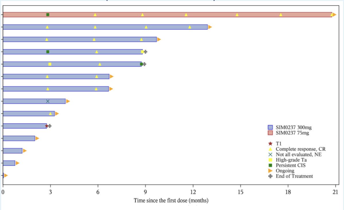 The median follow-up was 6.7 months (range: 0-20.8 months). Of the 10 CIS patients who had at least 1 post-baseline tumor assessment, 8 achieved a best response of complete response, with a median duration of complete response immature, and a probability of duration of complete response 12+ months of 71.4% (95% CI 25.8-92.0%):&nbsp;