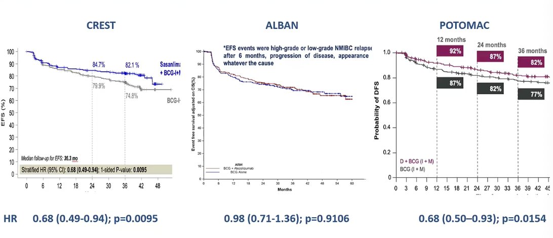 The ALBAN trial was negative, showing no improvement in event-free survival with the addition of atezolizumab to BCG compared with BCG alone (HR 0.98; p=0.91). In contrast, both the CREST and POTOMAC trials demonstrated positive results. In CREST, the addition of sasanlimab to BCG significantly improved event-free survival compared with BCG alone (HR 0.68; p=0.0095). Similarly, the POTOMAC trial showed improved disease-free survival with durvalumab plus BCG compared with BCG alone (HR 0.68; p=0.0154). (1-3)