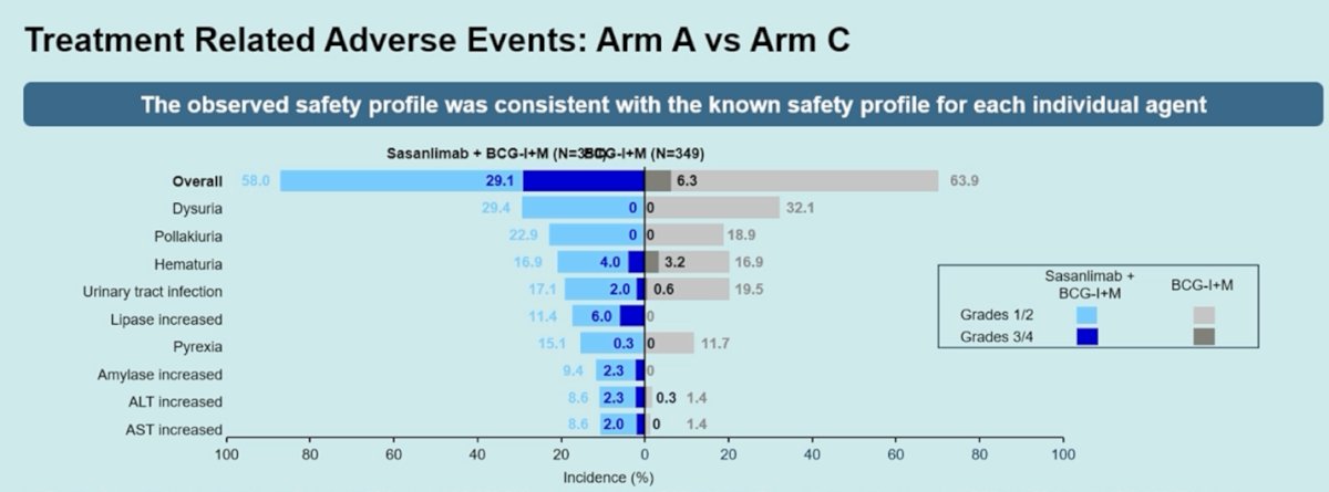 Regarding safety, the observed profile was consistent with the known safety of each individual agent. Dr. Shore noted that if one were to qualitatively compare these findings with those seen in POTOMAC, acknowledging the limitations of cross-trial comparisons, there appeared to be a higher incidence of immune-related adverse events and grade 3/4 events in the combination arm. These immune-related toxicities were largely consistent with what is typically seen with checkpoint inhibitors, including thyroiditis, low-grade rash, transaminitis, and elevations in lipase. Serious treatment-related adverse events occurred more frequently in the sasanlimab plus BCG arm, although no treatment-related deaths were reported.