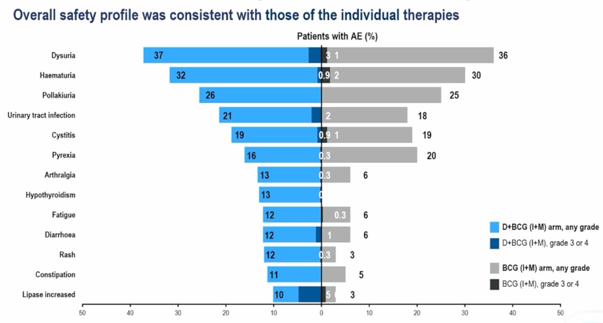 The overall safety profile was consistent with the known toxicities of the individual therapies. The most frequently reported adverse events were those typically associated with BCG therapy, including dysuria, hematuria, pollakiuria, urinary tract infection, and cystitis.