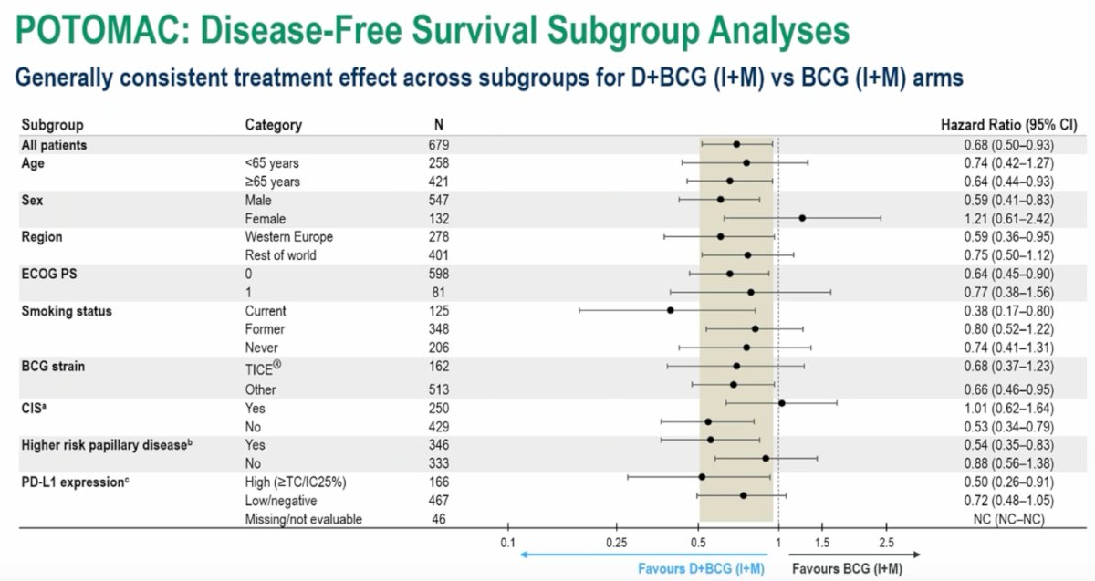 Subgroup analyses demonstrated that the disease-free survival benefit with durvalumab plus BCG induction and maintenance was generally consistent across most predefined patient subgroups. The treatment effect appeared similar regardless of age, sex, geographic region, ECOG performance status, smoking status, BCG strain, and PD-L1 expression. Importantly, the benefit was observed both in patients with and without carcinoma in situ as well as among those with higher-risk papillary disease, supporting the robustness of the primary efficacy findings across different clinical subgroups.