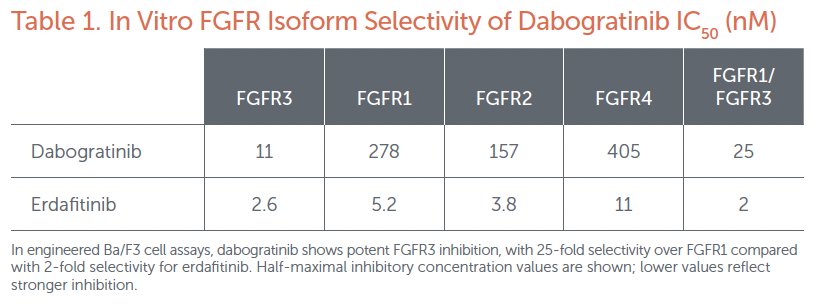 Notably, in vitro analyses demonstrate marked FGFR isoform selectivity of dabogratinib. As shown in Table 1, the half-maximal inhibitory concentration (IC50) for FGFR3 is 11 nM, compared with 278 nM for FGFR1, 157 nM for FGFR2, and 405 nM for FGFR4, corresponding to approximately 25-fold selectivity for FGFR3 over FGFR1. By comparison, erdafitinib demonstrates less selectivity, with IC50 values of 2.6 nM for FGFR3 and 5.2 nM for FGFR1, corresponding to only approximately 2-fold selectivity.
