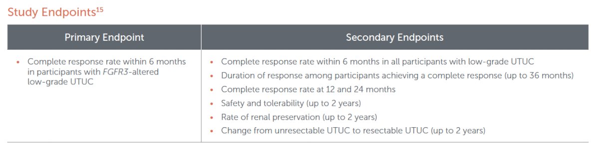 The primary study endpoint is the complete response rate within 6 months in participants with FGFR3-altered low-grade UTUC. Secondary endpoints include: