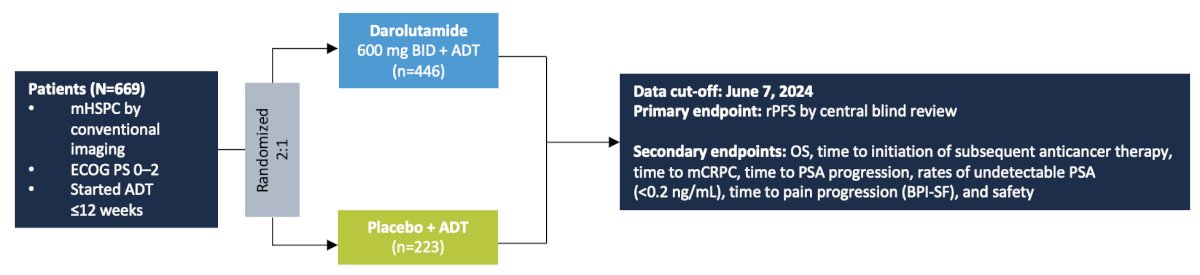 ARANOTE is a global, randomized, double-blind phase 3 trial enrolling patients with mHSPC diagnosed by conventional imaging, ECOG performance status 0–2, and initiation of ADT within 12 weeks prior to randomization. A total of 669 patients were randomized in a 2:1 fashion to darolutamide 600 mg twice daily plus ADT (n=446) or placebo plus ADT (n=223). The primary endpoint was radiographic progression-free survival (rPFS) by blinded independent central review, with key secondary endpoints including overall survival, time to metastatic castration-resistant prostate cancer (mCRPC), time to PSA progression, time to subsequent systemic therapy, undetectable PSA (<0.2 ng/mL), time to pain progression, and safety.