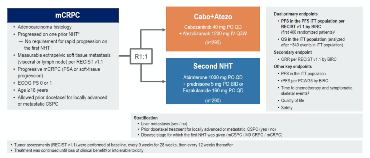 Because cabozantinib has been shown to induce favorable changes in the tumor microenvironment and regression of prostate tumors in vivo, it was subsequently combined with atezolizumab in the phase 3 CONTACT-02 trial.5 In this trial, patients were randomized 1:1 to cabozantinib + atezolizumab (cabozantinib [40 mg PO daily] + atezolizumab [1200 mg IV every 3 weeks]) or control (abiraterone [1000 mg PO daily] + prednisone [5 mg PO twice daily] or enzalutamide [160 mg PO daily]) and were stratified by liver metastasis (yes/no), prior docetaxel for mHSPC (yes/no), and prior novel hormonal therapy for mHSPC, M0CRPC, or mCRPC. The trial design for CONTACT-02 is as follows: