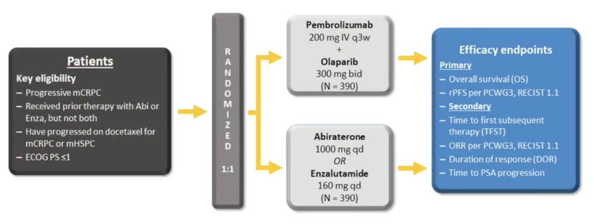 Eligible patients, aged ≥18 years, had mCRPC that progressed after abiraterone or enzalutamide (but not both), as well as docetaxel, and had an ECOG performance status ≤1. Patients were randomized 2:1 to receive either 200 mg pembrolizumab IV Q3W for ≤35 cycles + 300 mg olaparib orally BID, or a next-generation hormonal agent: 1000 mg abiraterone orally QD (if previously treated with enzalutamide) or 160 mg enzalutamide orally QD (if previously treated with abiraterone). The study design is depicted below:&nbsp;