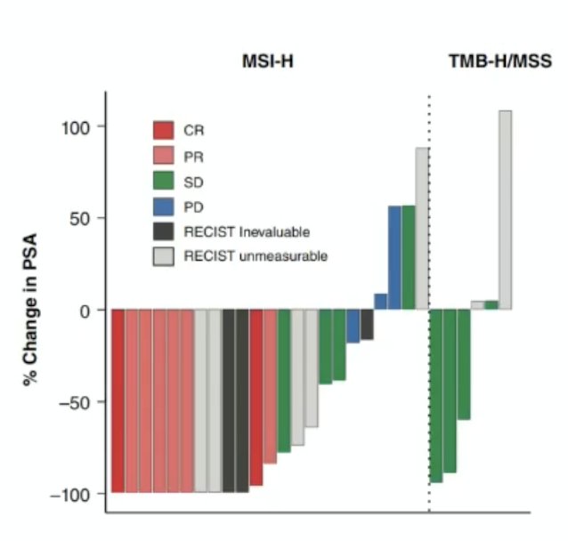 Is MSI-high or TMB-high more important for selecting mCRPC patients? To address this question, Lenis et al.3 assessed 66 men who had MSI-H/dMMR, and 33 who had TMB-H/MSS prostate cancers. Overall, 27 patients with MSI-H/dMMR and 8 patients with TMB-H/MSS tumors received immune checkpoint blockade, of which 45% of patients with MSI-H/dMMR had a RECIST response, and 65% had a PSA50 response. No patient with TMB-H/MSS had a RECIST response, and 50% had a PSA50 response: