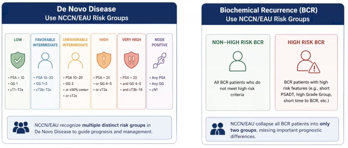 As such, there are several important challenges to acknowledge. Challenge #1 is that there is insufficient risk stratification for biochemical recurrence. For de novo disease, the NCCN/EAU recognizes multiple distinct risk groups to guide prognosis and management. For biochemical recurrence, the NCCN/EAU collapses all biochemical recurrence patients into only two groups, missing important prognostic differences: