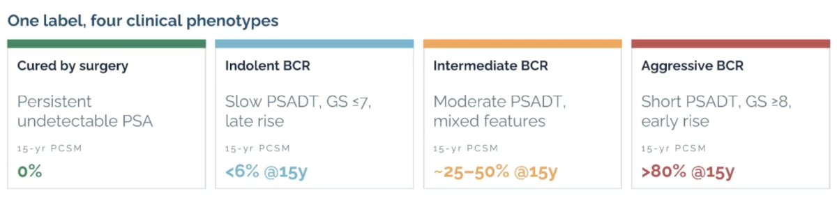 The bottom line is that patients with favorable risk biochemical recurrence (Gleason <= 7, late recurrence, PSA doubling > 10 months) have an 82% metastasis free rate at 7 years with no treatment. Dr. Spratt notes that biochemical recurrence is common, but a single label hides widely different diseases [7]: