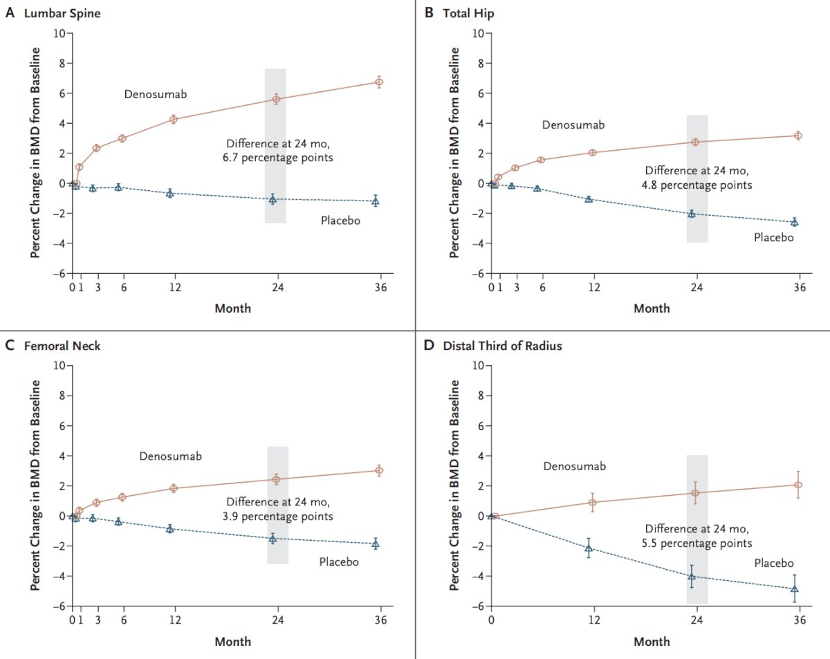 Denosumab was found to increase bone mineral density at all skeletal sites: lumbar spine, total hip, femoral neck, and distal third of the radius: