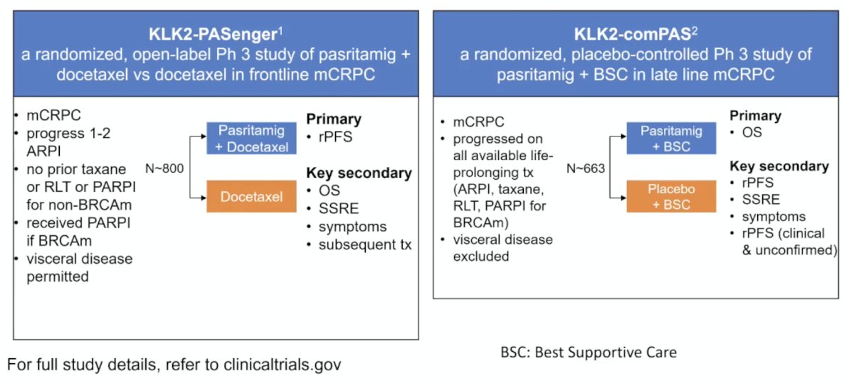 Dr. Hussain notes that there are two ongoing phase 3 studies with pasritamig in mCRPC. The first is KLK2-PASenger, a randomized, open-label phase 3 study of pasritamig + docetaxel versus docetaxel in first-line mCRPC. The second is KLK2-comPAS, a randomized, placebo-controlled phase 3 study of pasritamig + best standard of care in late-line mCRPC: