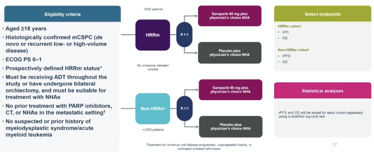 Finally, EvoPAR-Prostate01 is a phase 3 trial, 2-cohort, 2-arm, randomized, double-blind, placebo-controlled, multicenter global study. Key eligibility criteria include (i) age ≥18 years, (ii) histologically confirmed mHSPC (de novo&nbsp;or recurrent low- or high-volume disease), (iii) ECOG PS 0-1, and (iv) confirmed, prospectively defined HRR gene mutation status (defined by the presence/absence of pathogenic/likely pathogenic mutations in ≥1 of the genes&nbsp;BRCA1,&nbsp;BRCA2,&nbsp;ATM,&nbsp;CDK12,&nbsp;PALB2,&nbsp;RAD51B,&nbsp;RAD51C,&nbsp;RAD51D, and&nbsp;BARD1). Participants must be receiving ADT throughout the study or have undergone bilateral orchiectomy, and must be suitable for treatment with androgen receptor pathway inhibitors. Participants are allocated to either the HRR mutation or non-HRR mutation cohort based on prospective testing of both tumor tissue and circulating tumor DNA. Participants are randomized 1:1 to receive saruparib plus the physician’s choice of androgen receptor pathway inhibitor or placebo plus the physician’s choice of androgen receptor pathway inhibitor: