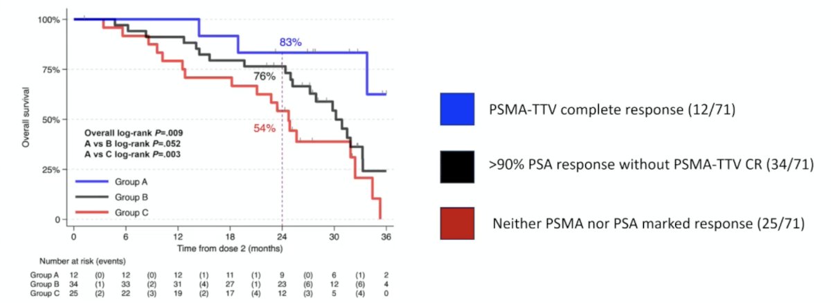 The 2-year survival rate was 76% (95% CI 58, 87) with deep PSA response without total tumor volume complete response (log-rank&nbsp;p&nbsp;= 0.05 versus total tumor volume complete response) and 54% (95% CI 33, 71) with neither deep PSA response nor total tumor volume complete response (log-rank&nbsp;p&nbsp;= 0.003 versus total tumor volume complete response):