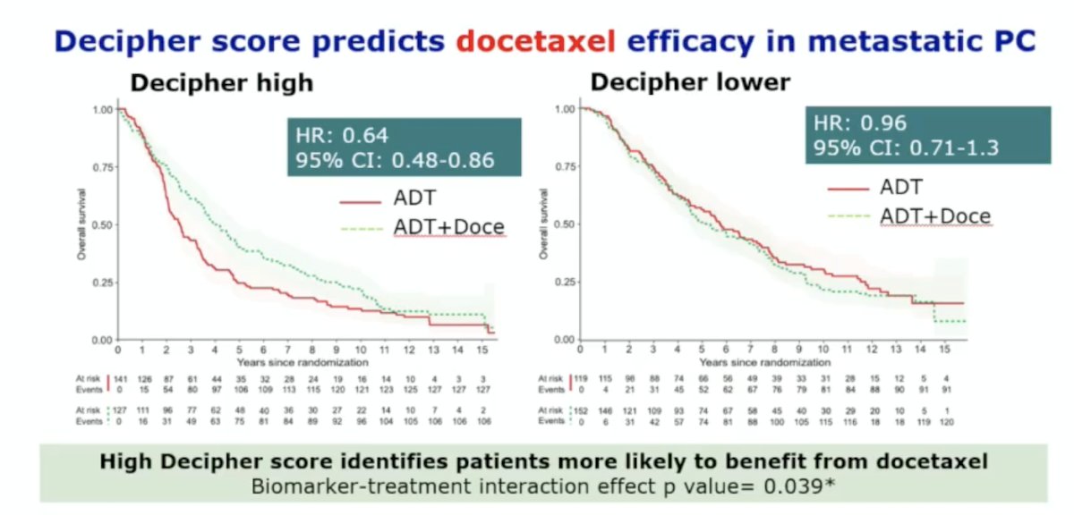 Perhaps we can predict who will not benefit from triplet therapy. Data presented at ESMO 2024 assessed the role of the Decipher GC in predicting docetaxel efficacy in metastatic prostate cancer in the STAMPEDE trial. Among 3,099 patients who were randomized to ADT +/- docetaxel +/- zoledronic acid or ADT +/- abiraterone, Dr. Grist and colleagues aimed to link tumor multi-gene expression signatures to 14-year prospective overall survival follow-up. They found that a high Decipher GC score identified patients more likely to benefit from docetaxel, with a biomarker-treatment interaction effect p-value of 0.039: