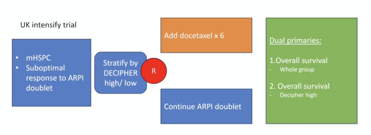 The UK Intensify trial is assessing patients with mHSPC and a suboptimal response to androgen receptor pathway inhibitor doublet therapy (stratified by Decipher GC high versus low score) and randomizing them to the addition of 6 cycles of docetaxel versus continuing androgen receptor pathway inhibitor doublet therapy. The dual primary endpoints are overall survival for the whole group and overall survival in the Decipher GC high patients: