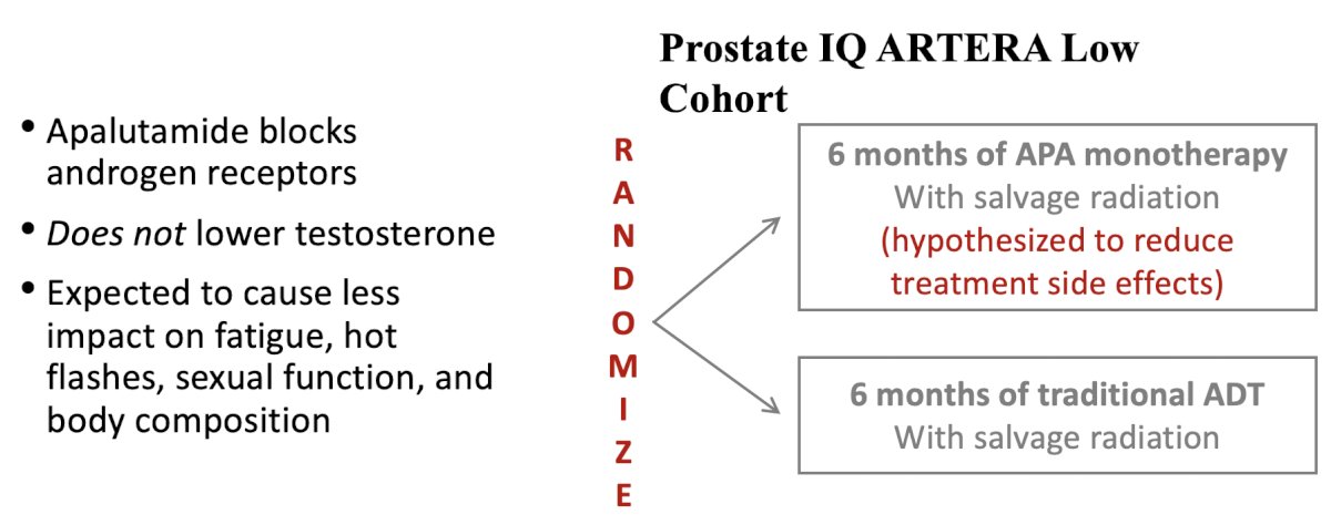 Importantly, NRG GU006 also supports the use of apalutamide monotherapy in the postoperative setting. Unlike traditional ADT, apalutamide blocks androgen receptors without lowering testosterone levels, theoretically reducing fatigue, hot flashes, sexual dysfunction, and body composition changes. Future directions, including the ongoing PROSTATE-IQ trial evaluating apalutamide monotherapy versus traditional ADT in lower-risk patients identified using the ArteraAI post-prostatectomy test: