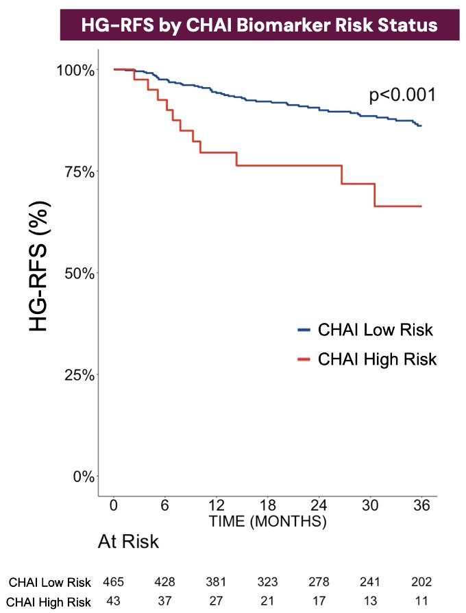 Lastly, Kaplan-Meier analysis demonstrated clear separation between CHAI high- and low-risk groups, with significantly worse HG-RFS observed among biomarker-positive patients (p<0.001). These findings suggest that AI-driven computational histology may capture biologic features of progression risk not fully reflected by conventional clinical and pathologic variables alone.