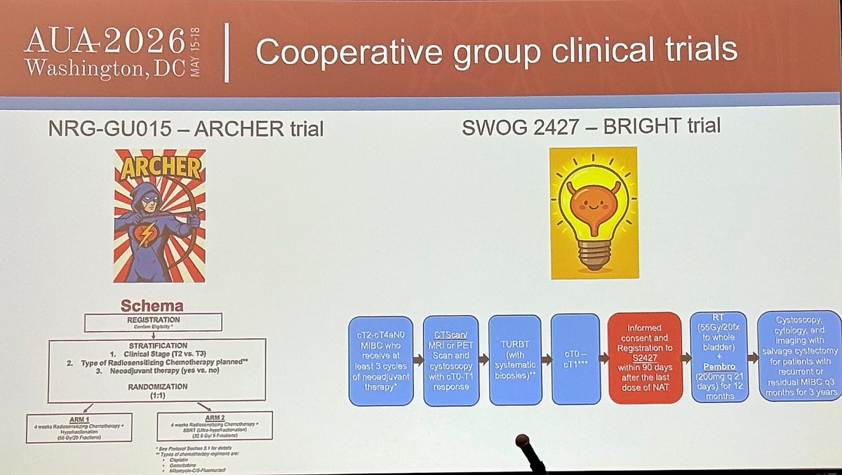 She concluded by highlighting two ongoing cooperative group studies that will further inform this question: ARCHER (Alliance A032103), which is evaluating neoadjuvant EV+pembro followed by response-adapted bladder preservation, and BRIGHT (SWOG/NRG S2406), which is investigating modern radiation-based bladder preservation approaches.
