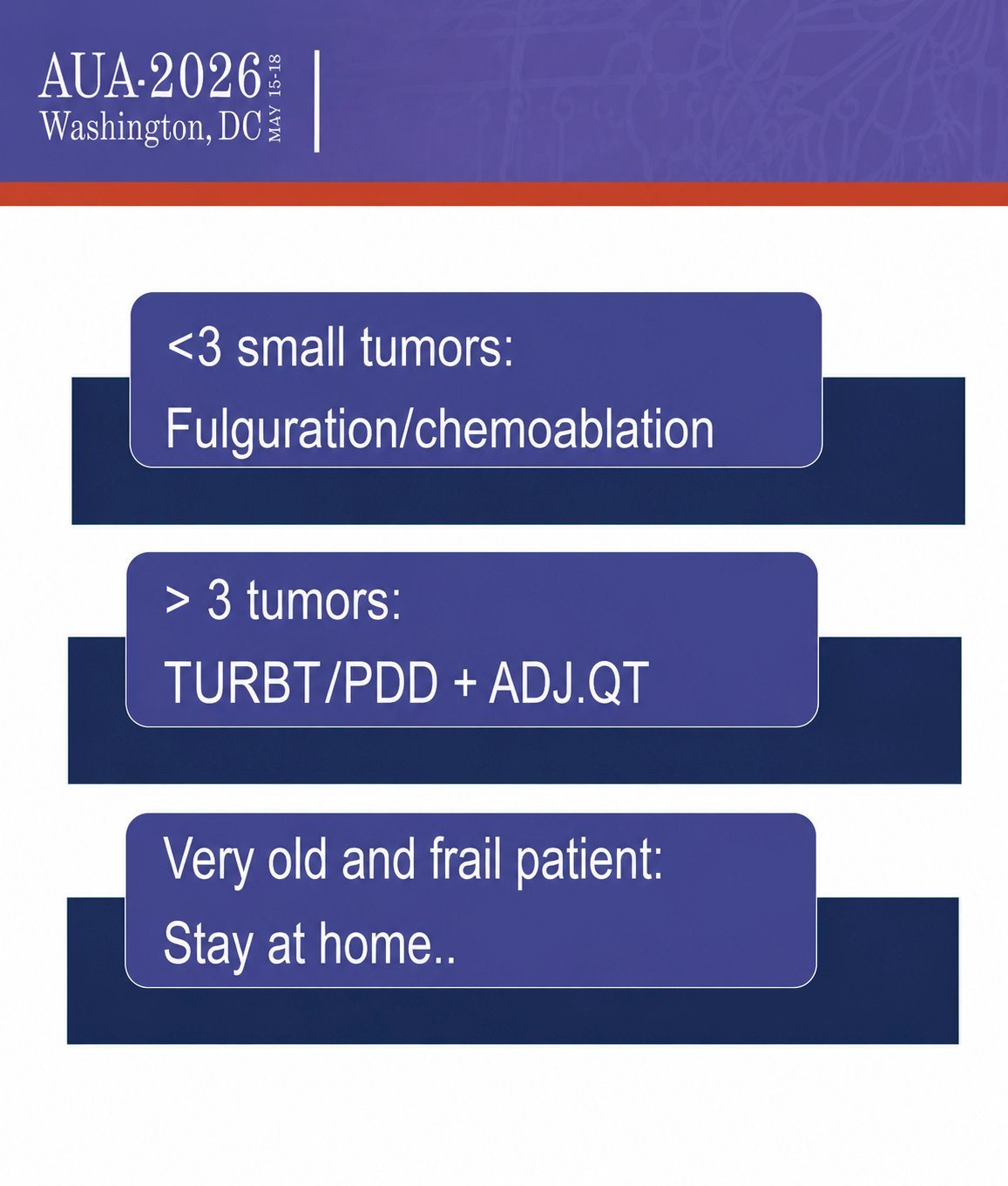 Lastly, he presented his practical treatment algorithm for patients with recurrent low-grade IR-NMIBC. For patients with fewer than three small tumors, he favored less invasive approaches such as office fulguration or chemoablation. In contrast, patients with more than three tumors were recommended to undergo TURBT, preferably with enhanced detection techniques such as photodynamic diagnosis (PDD), followed by adjuvant intravesical therapy. He also emphasized the importance of individualized decision-making in elderly and frail patients, noting that in select cases, conservative management and avoidance of repeated interventions may be the most appropriate strategy.&nbsp;