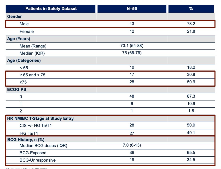 At study entry, disease characteristics were well balanced between treatment arms, with 50.9% of patients presenting with CIS ± high-grade Ta/T1 disease and 49.1% with papillary-only high-grade Ta/T1 disease. The median number of prior BCG doses was 7, with 65.5% of patients classified as BCG-exposed and 34.5% meeting criteria for BCG-unresponsive disease.