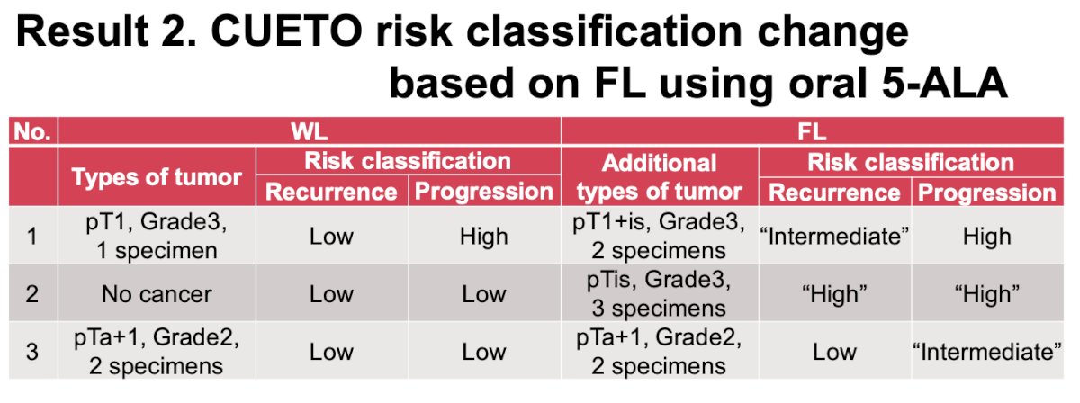  In several cases, patients initially classified as low risk based on white-light cystoscopy were upstaged to intermediate or high-risk groups after incorporation of fluorescence findings, driven by detection of additional lesions such as CIS or higher-grade disease.