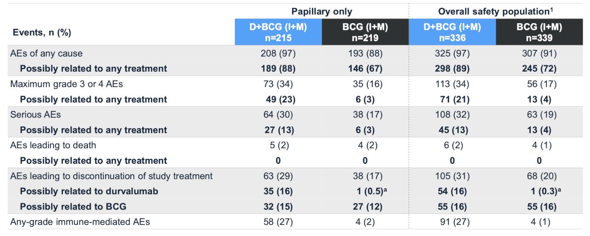 The safety profile of durvalumab + BCG (induction + maintenance) in patients with papillary-only tumors was consistent with the overall safety population: