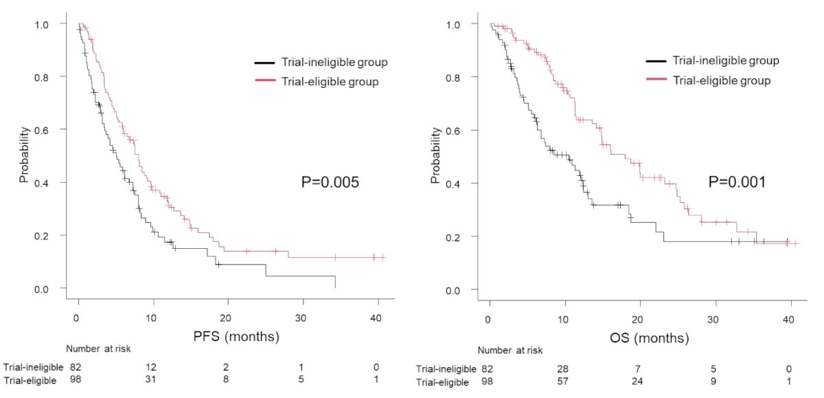 The median progression-free survival was 8.0 months (95% CI 5.9–9.0) in eligible patients and 5.0 months (95% CI 3.4–7.2) in ineligible patients (p = 0.005), the median overall survival was 17.9 months (95% CI 14.1–24.8) versus 10.5 months (95% CI 6.3–12.4) (p = 0.001):