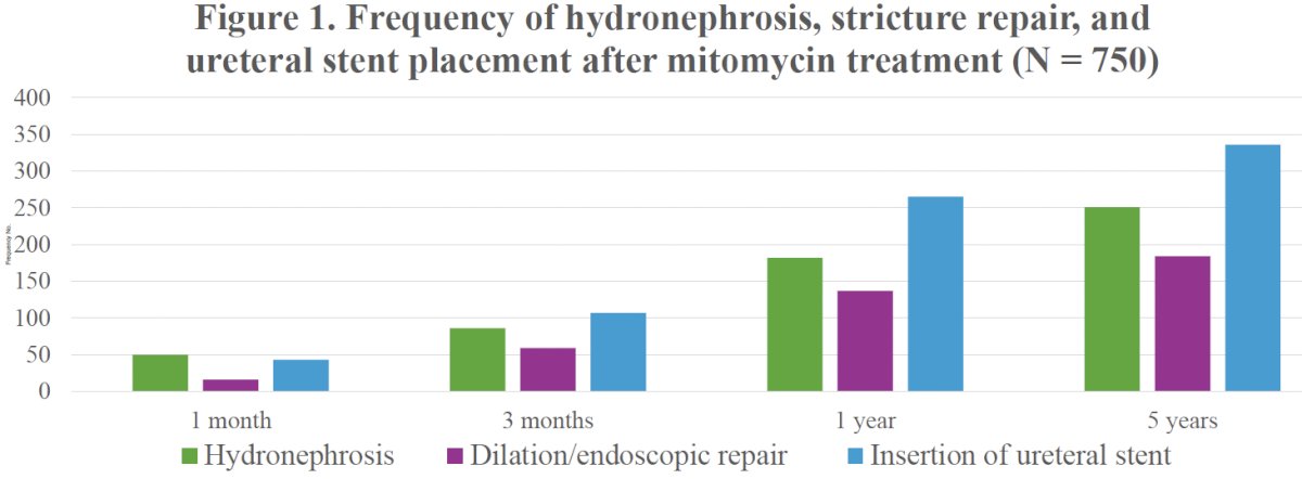 The cumulative incidence of upper tract obstruction and related interventions increased substantially over time. Within one month of treatment, approximately 7% of patients had hydronephrosis, and 6% underwent ureteral stent placement. By three months, these figures increased to roughly 12% and 14%, respectively. At one year, the burden became more pronounced, with 24% of patients experiencing hydronephrosis, 18% undergoing balloon dilation or other endoscopic repair for ureteral stricture, and 35% requiring ureteral stent placement.