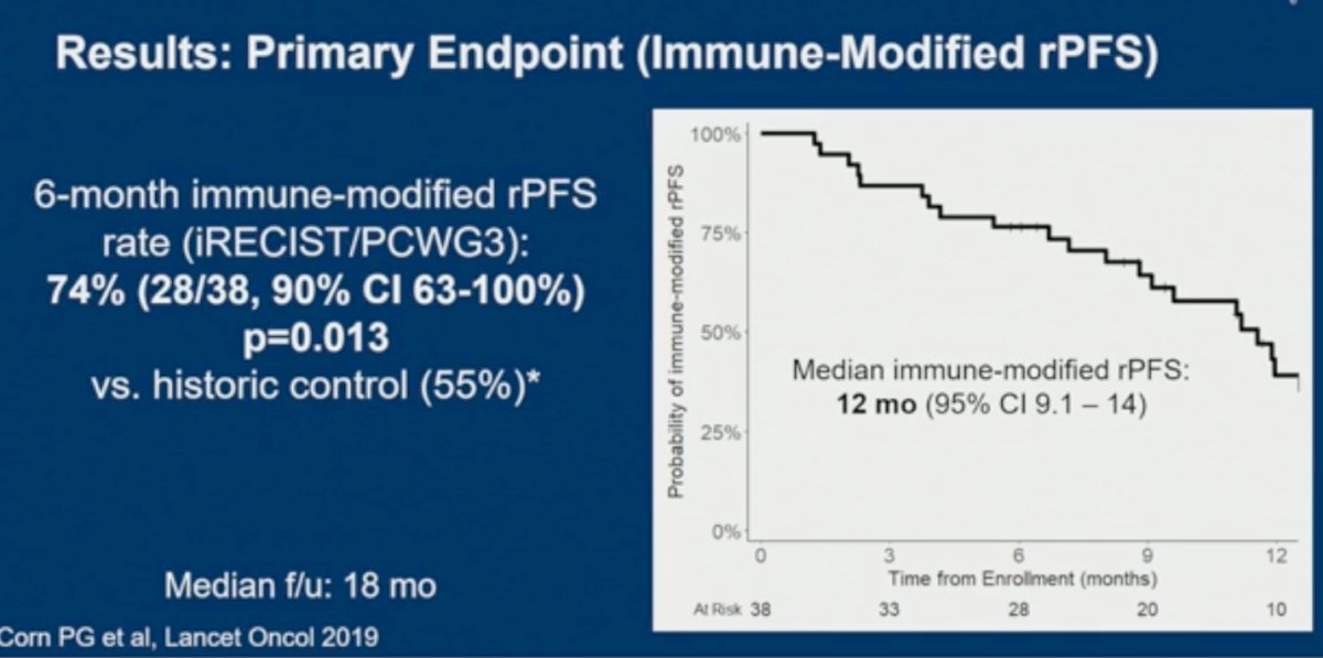 The CHAMP regimen met its primary endpoint, with a 6-month immune-modified rPFS rate of 74% (28/38 patients; 90% CI 63–100%), significantly exceeding the historical control benchmark of 55% (p=0.013). With a median follow-up of 18 months, median immune-modified rPFS was 12 months (95% CI 9.1–14), supporting meaningful clinical activity of cabazitaxel-carboplatin combined with nivolumab and ipilimumab in this AVPC/NEPC population.